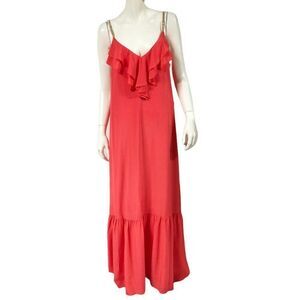 Womens NWT Evening by ECI Silk Ruffle Maxi Dress Gown Size 14 Hot Coral